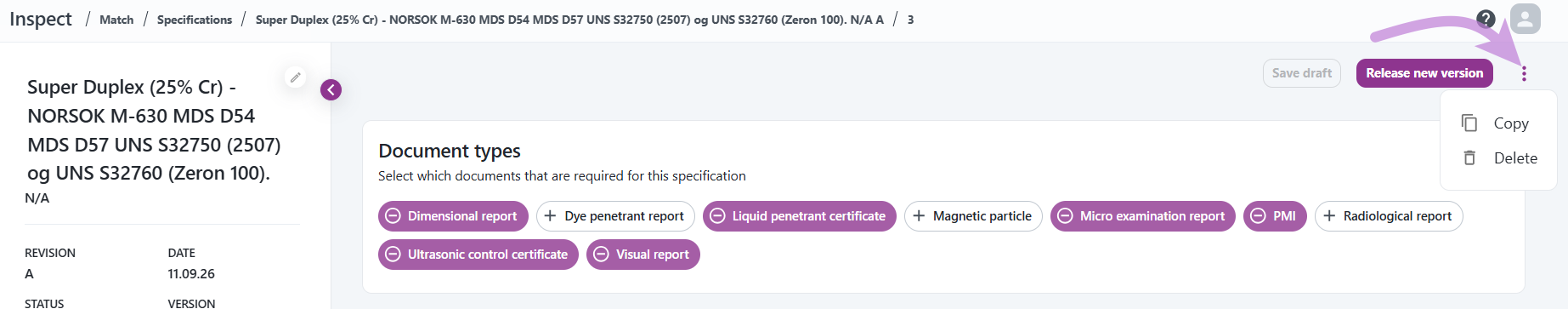 Copy or Delete a specification from details