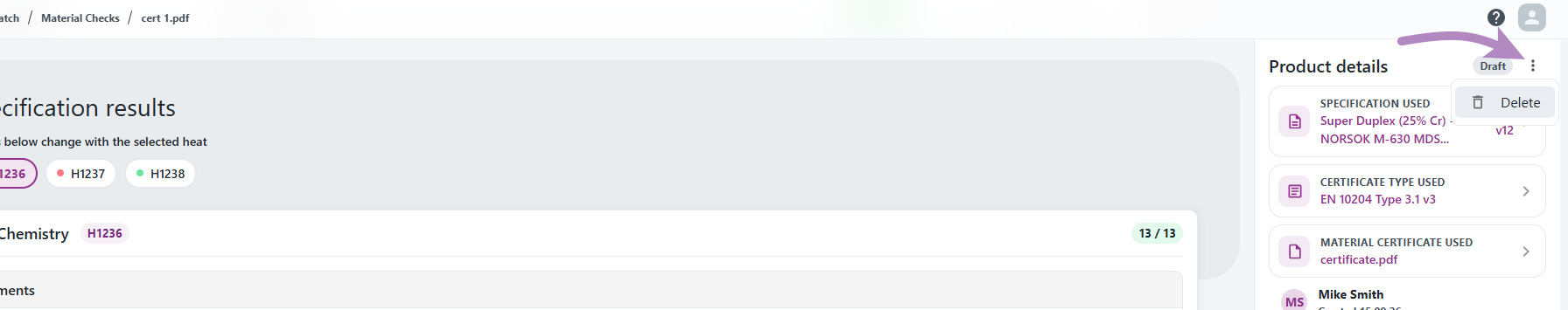 Deleting from the Material Check details page