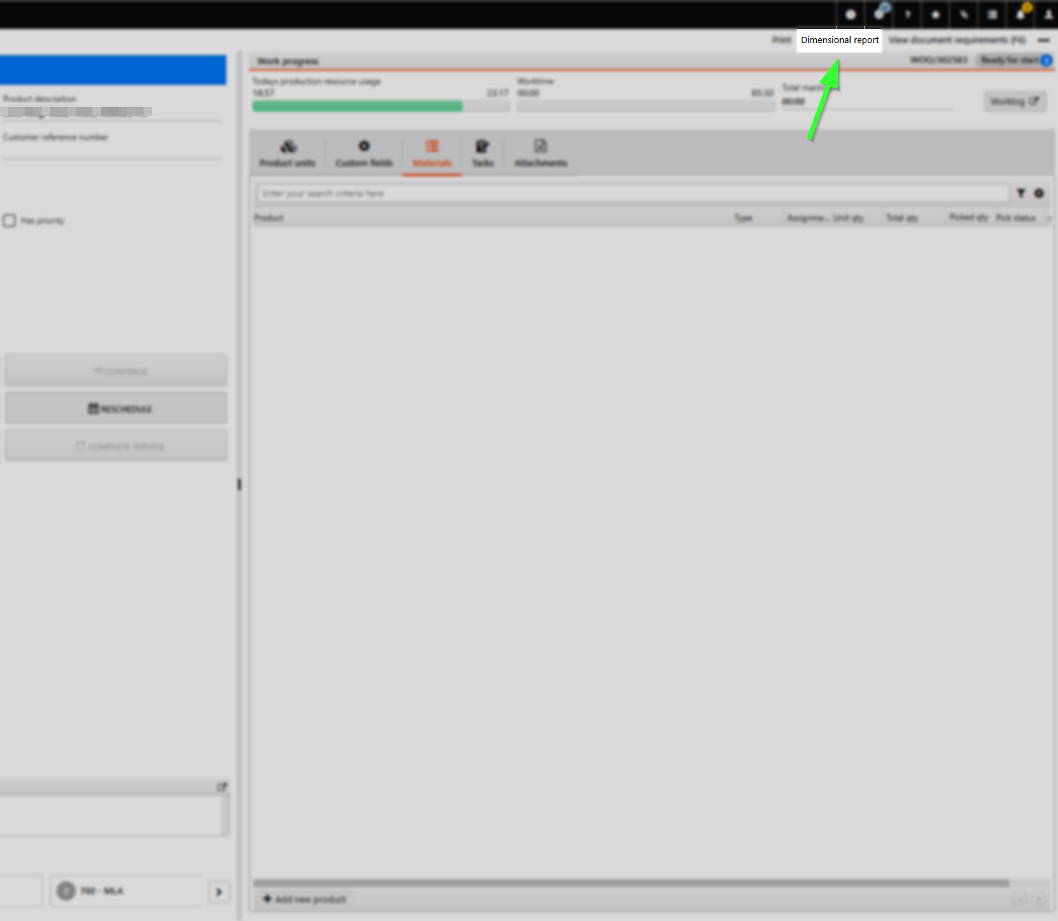 The Dimensional report button seen from a work order operation