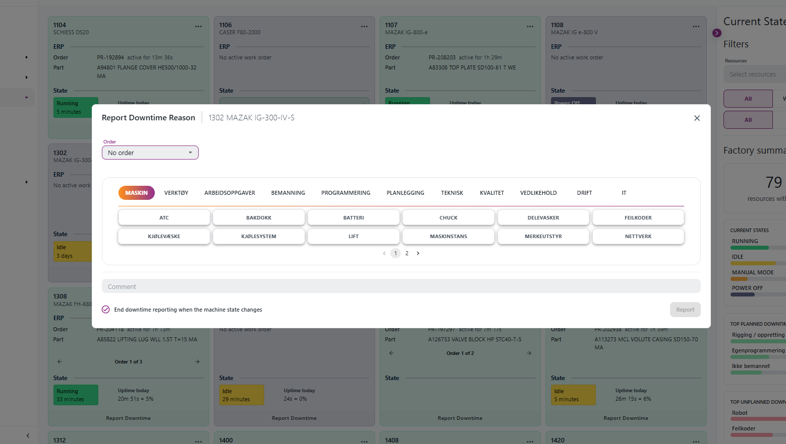 Downtime report order selector