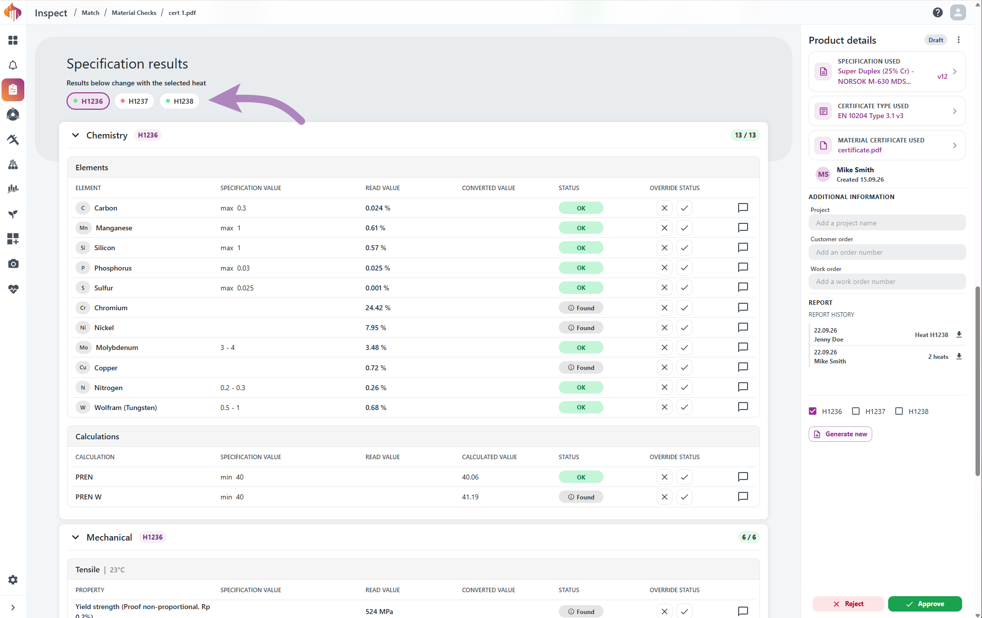 Heat chip tabs and Specification results