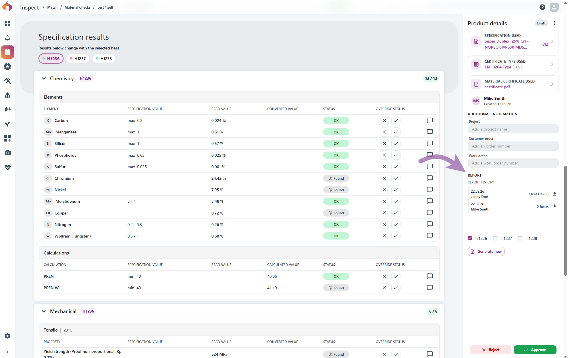 Report section and Report history in the side panel
