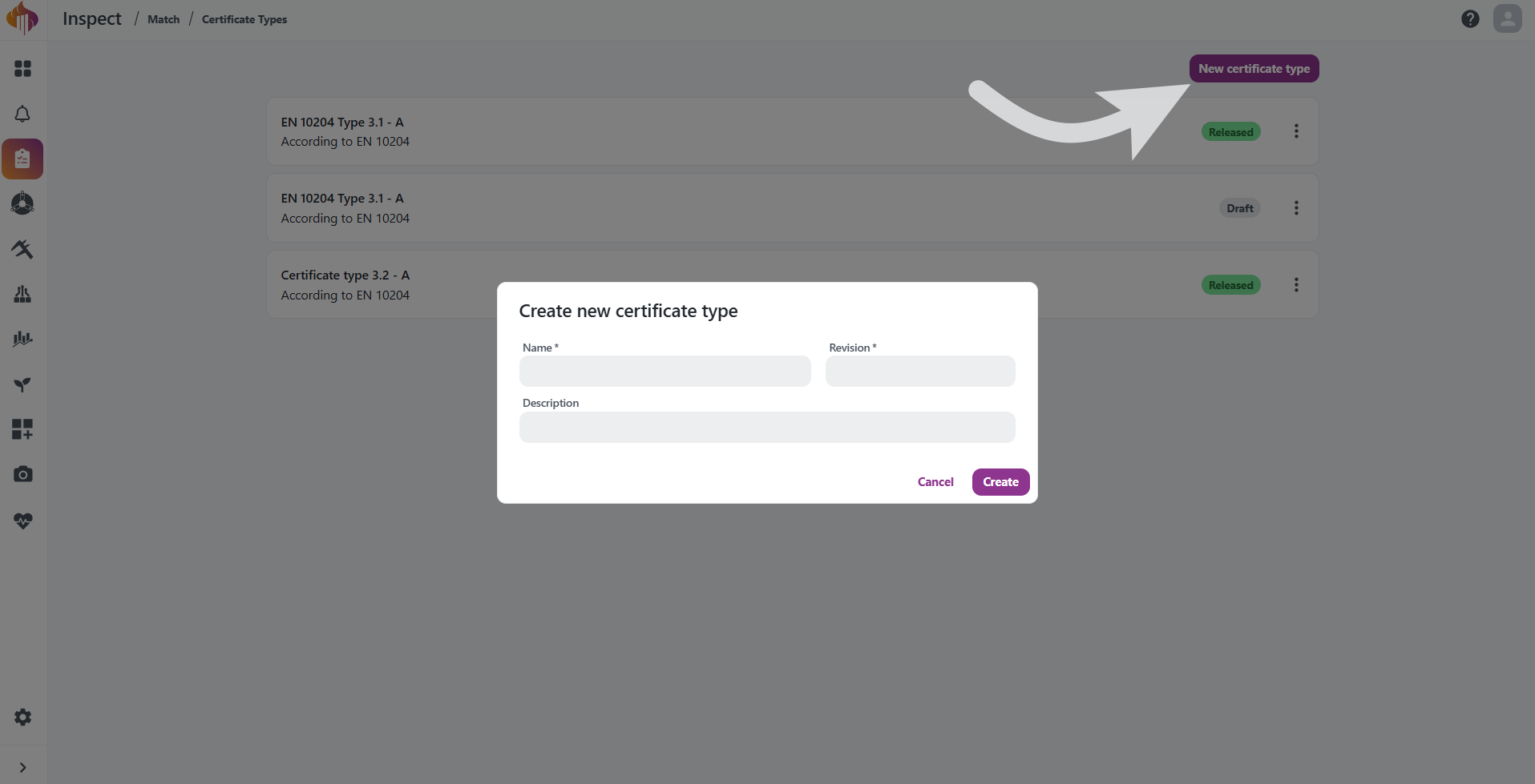 New certificate type dialog
