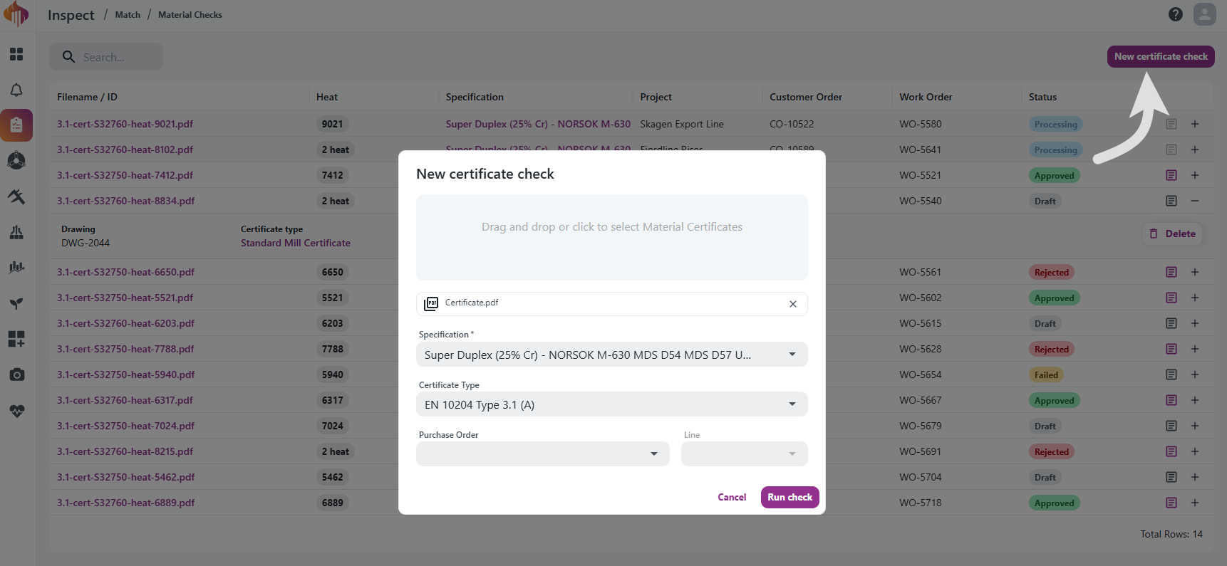 New certificate check dialog