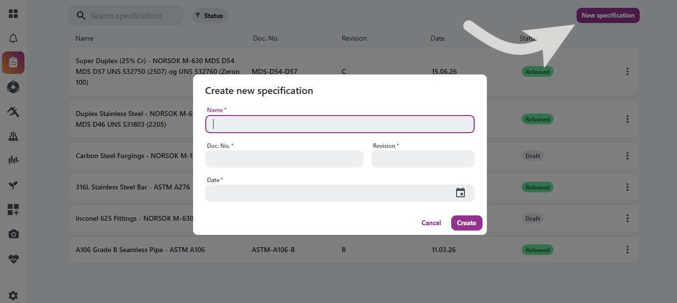 New specification dialog