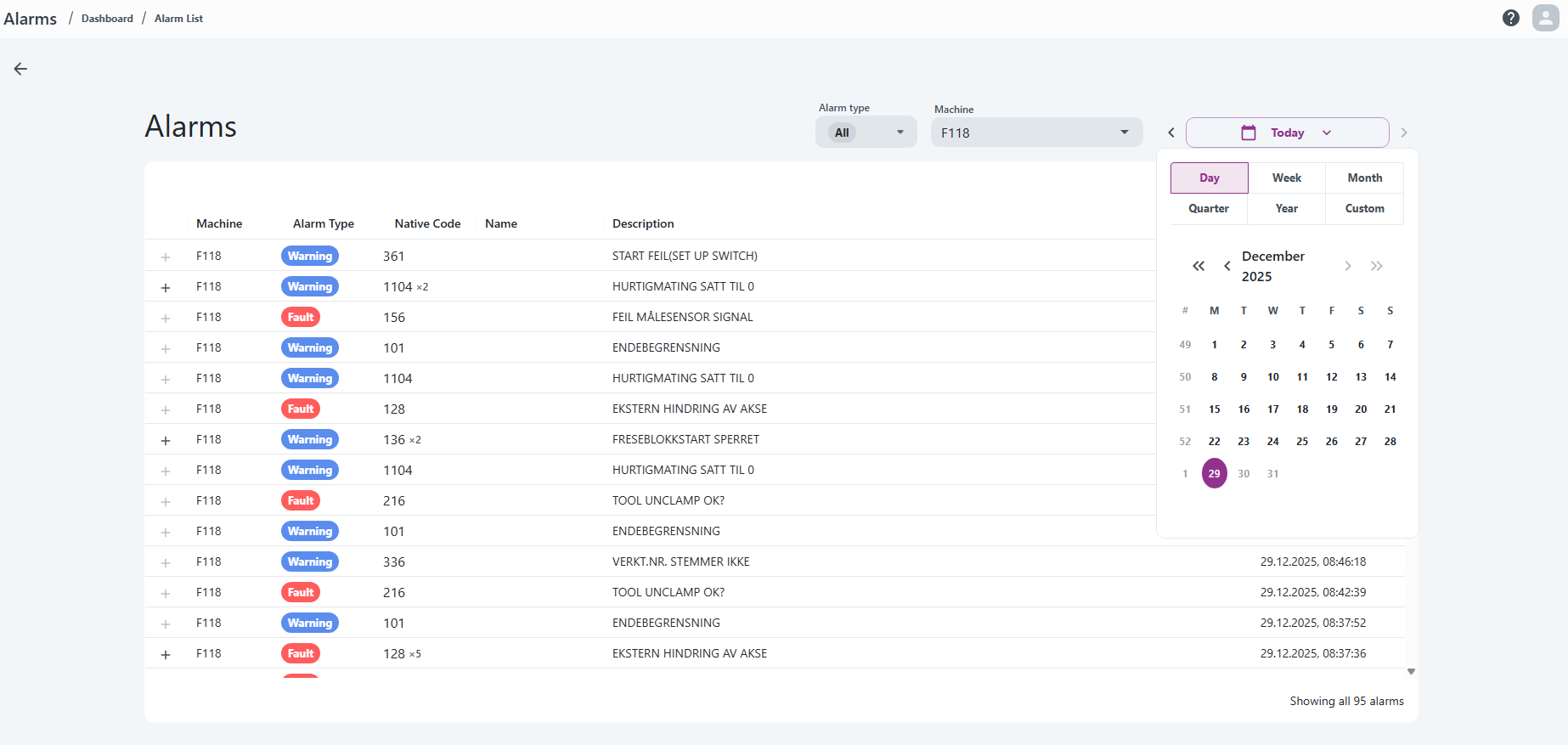 Time range picker in Alarm List