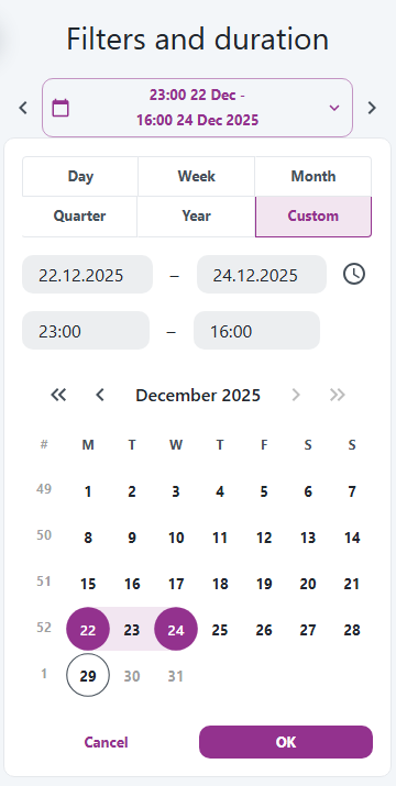 Time range picker custom time selection